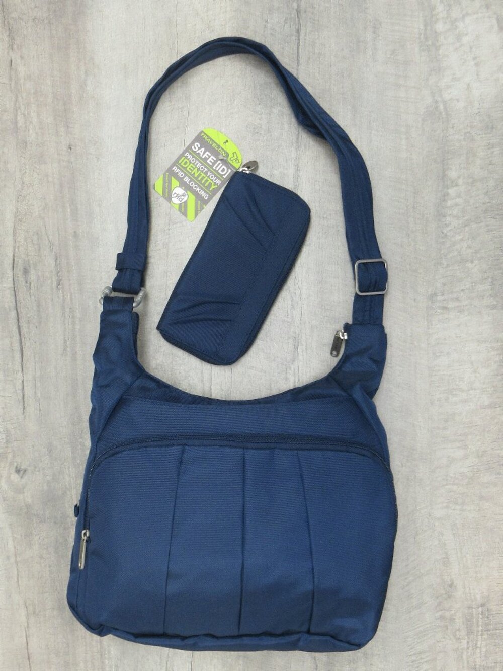 BLUE TRAVELON ANTI-THEFT HANDBAG CROSSBODY SHOULDER BAG WITH MATCHING WALLET